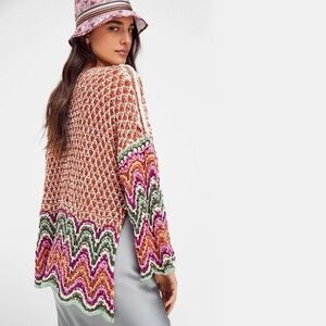 Free People Heatwave Crochet Pullover Multicolor Open Knit Side Slits Size XL